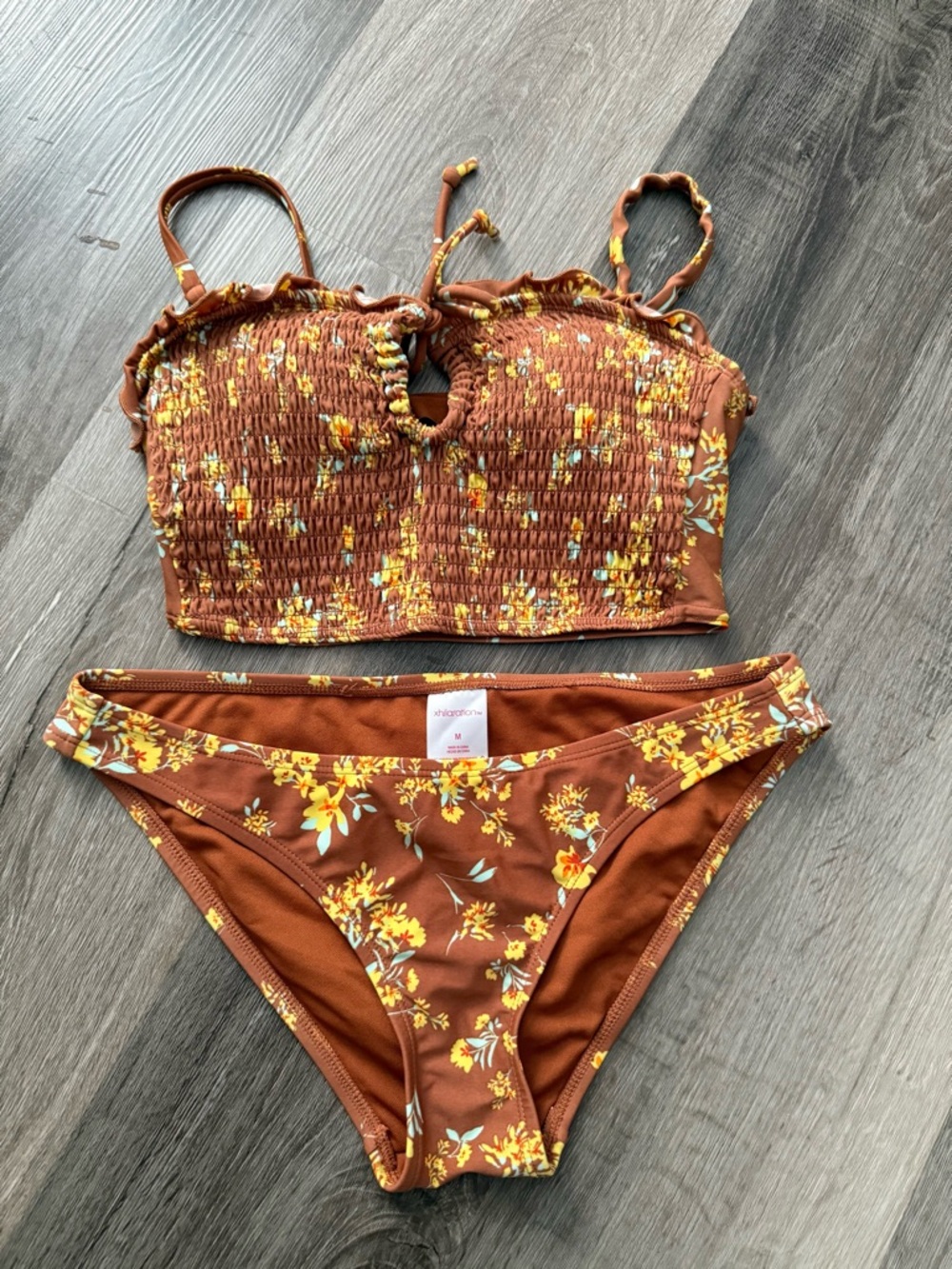 Xhilaration Brown Floral Smocked Bikini Set